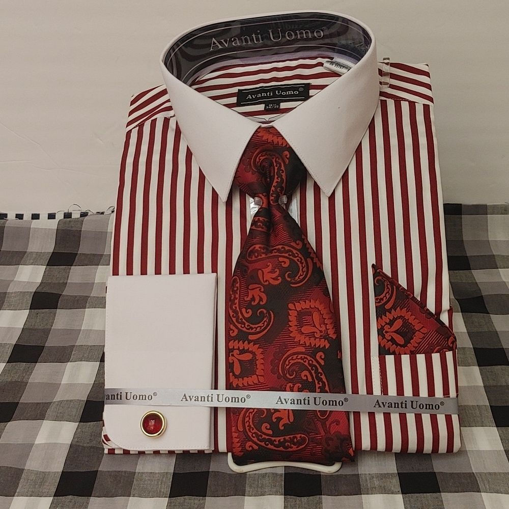 MEN'S AVANTI UOMO BURGUNDY & WHITE VERTICAL STRIPE DRESS SHIRT COMBO PACK.